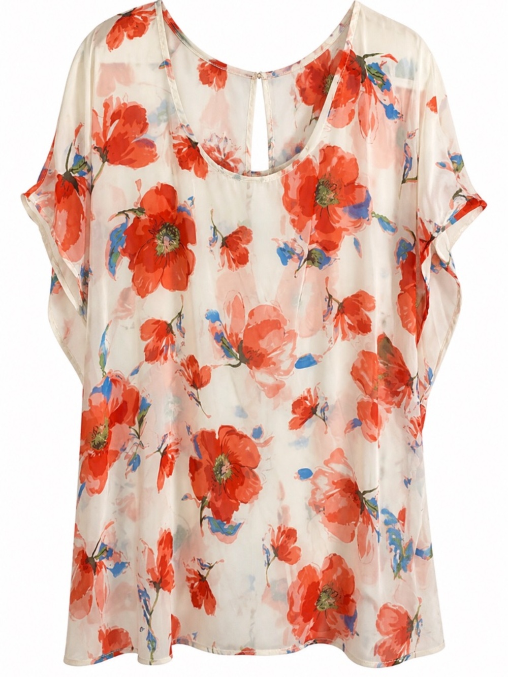 Torrid semi sheer top -button up back poppy design in white & red size 6 (26/28)